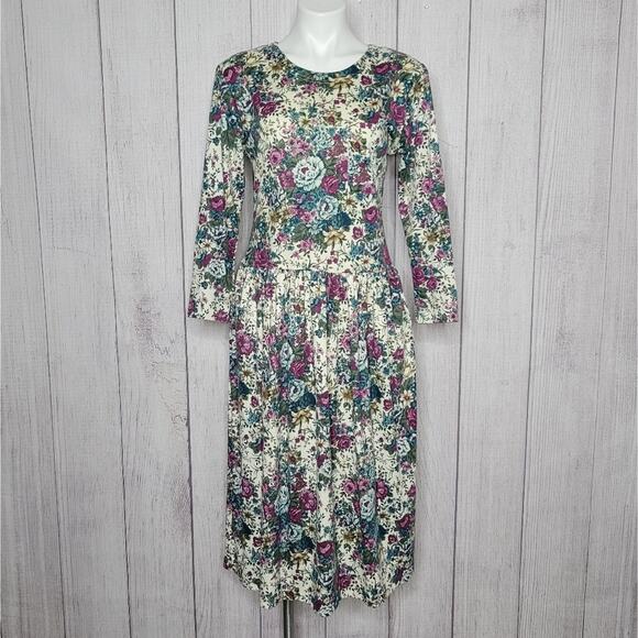 Vintage Dresses & Skirts - Vintage Cottagecore Cotton Blend Floral Midi Dress, size 8P